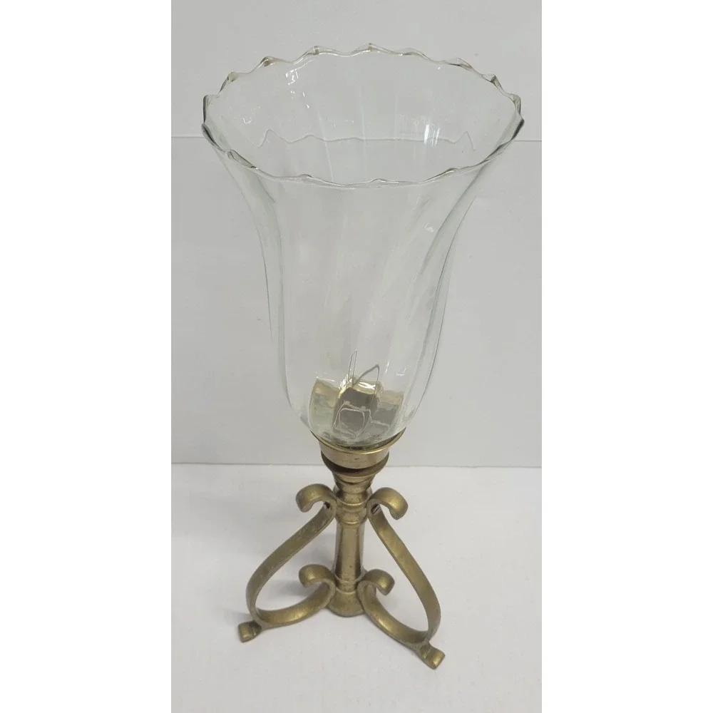 Vintage Brass Hurricane‎ Candle Holder Scroll Tripod Base Scalloped Glass Shade
